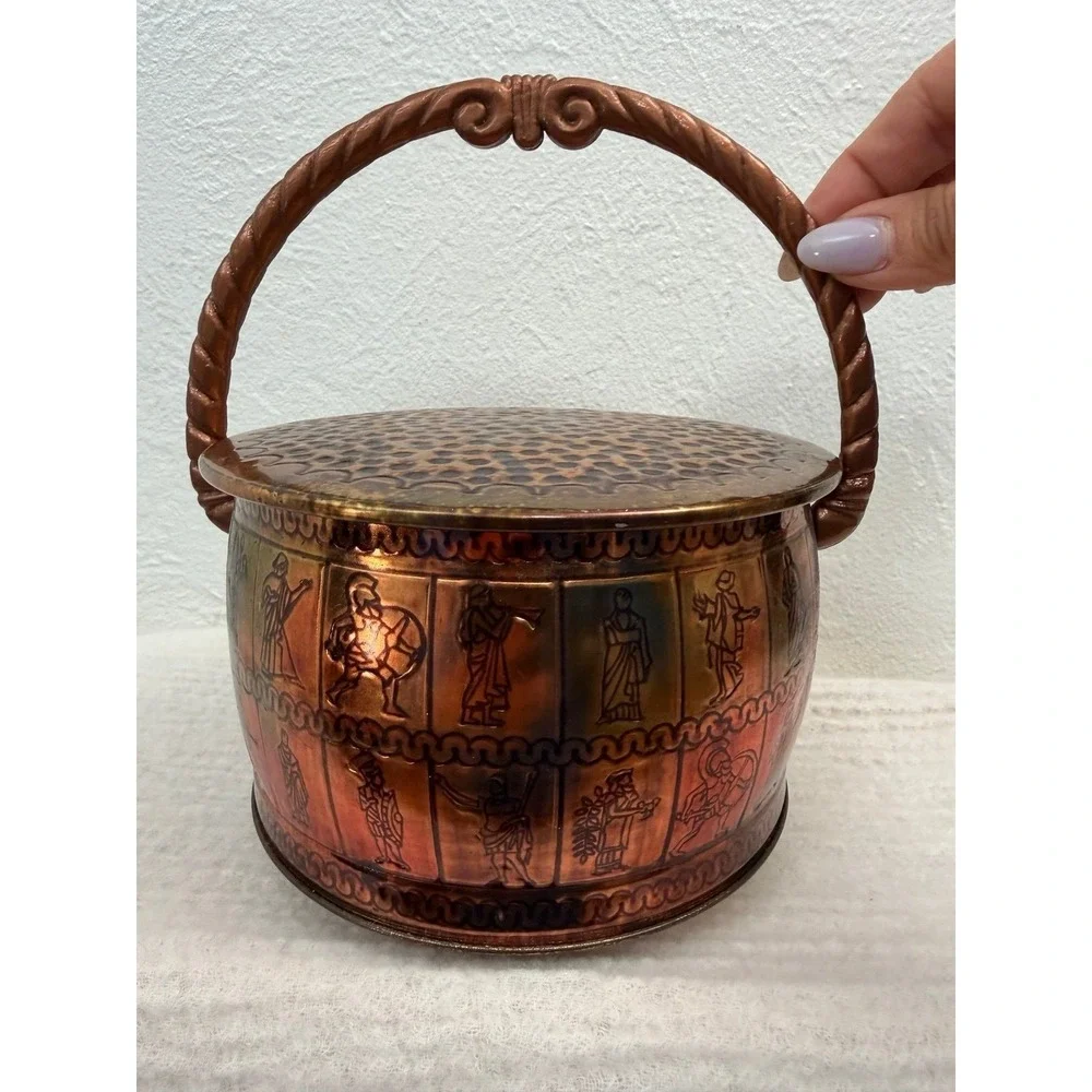 Vintage West Germany Copper Tone Lidded Bowl Greek Motif Friedel‎ Mark